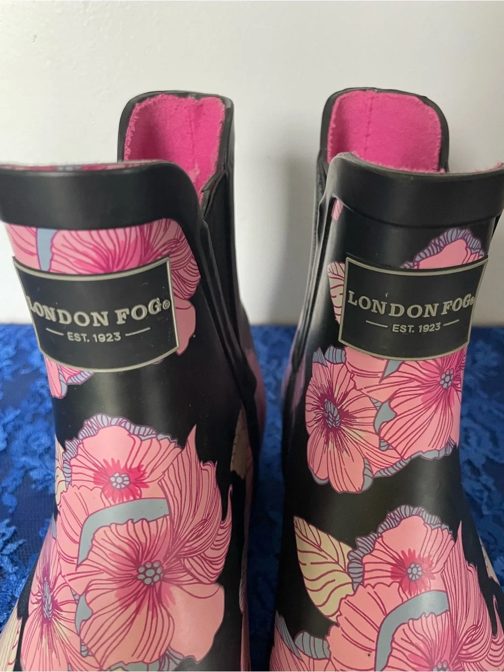 London Fog Women's Ankle Rain Boots with Pink Floral Pattern, Size 7